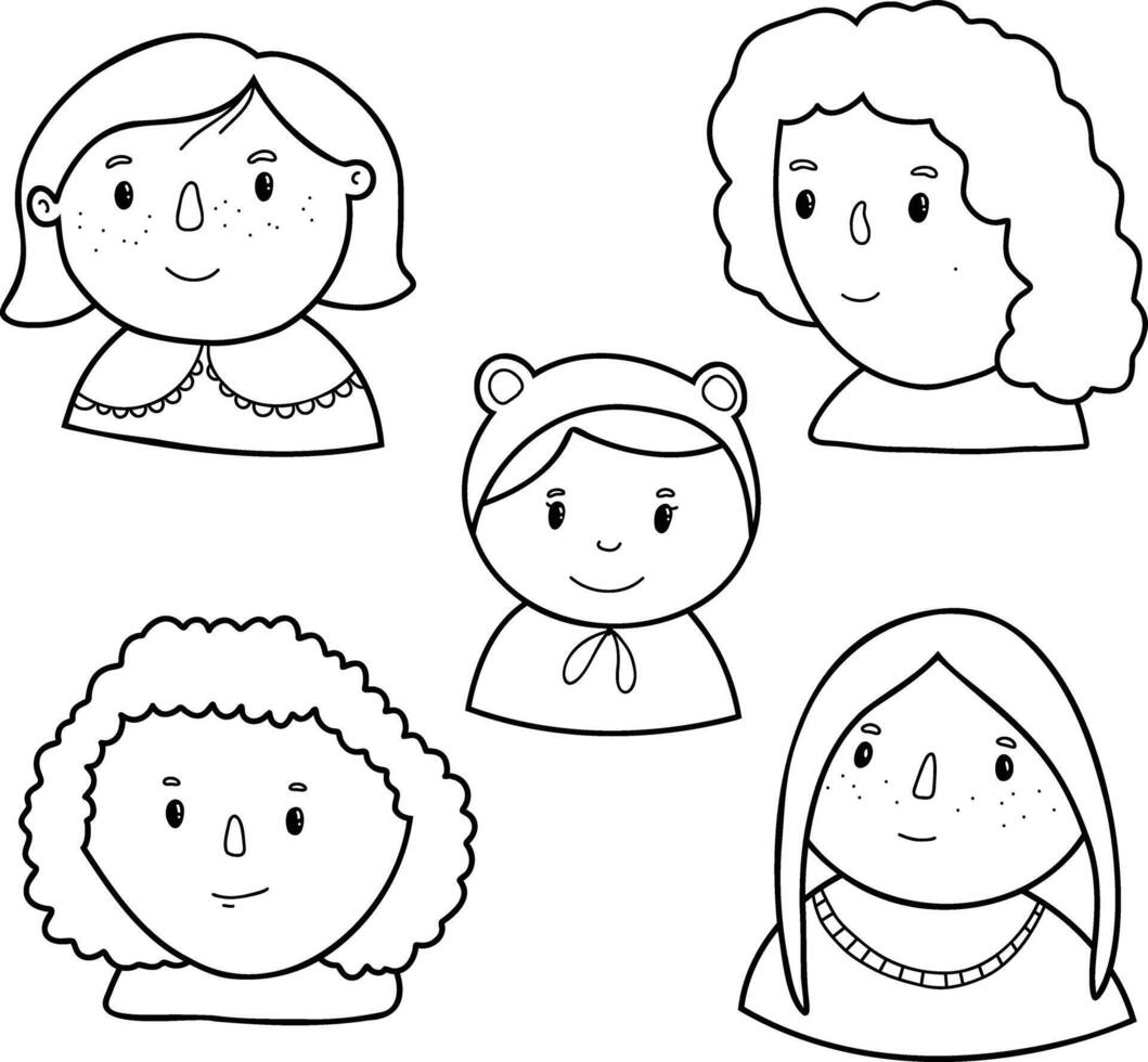 Cute girls icons linear drawing, black and white vector