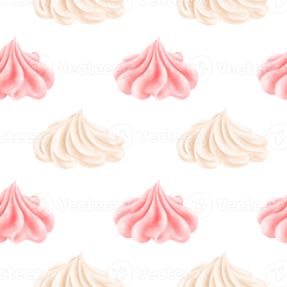 Seamless pattern with pink sweet strawberry cream in the shape of a rose. A delicious meringue dessert. Decor for cakes and pies for holidays and parties. Hand-drawn illustrations, background png