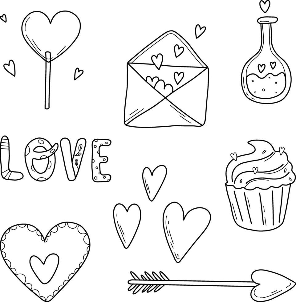 A set of elements for a declaration of love. Linear illustration. Hearts, love letters vector