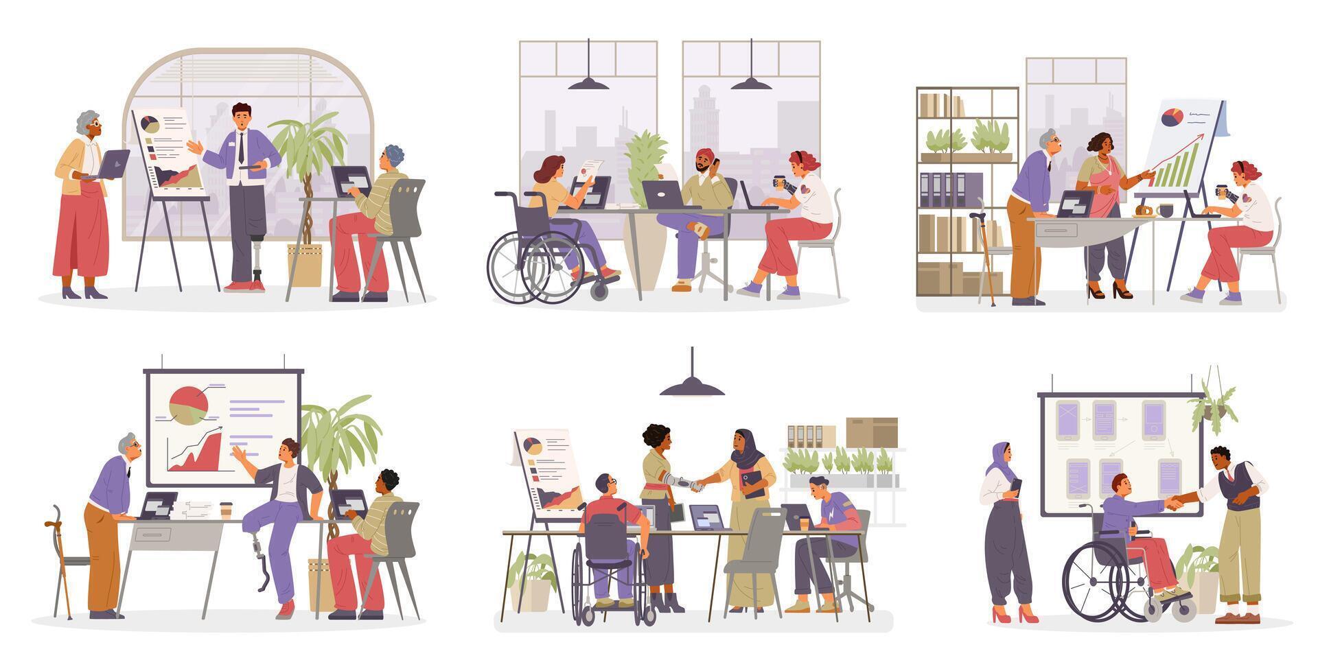 Diverse people of different age, ethnicity, gender, with disabilities working together in the office flat illustrations set. Inclusive workplace scenes. vector