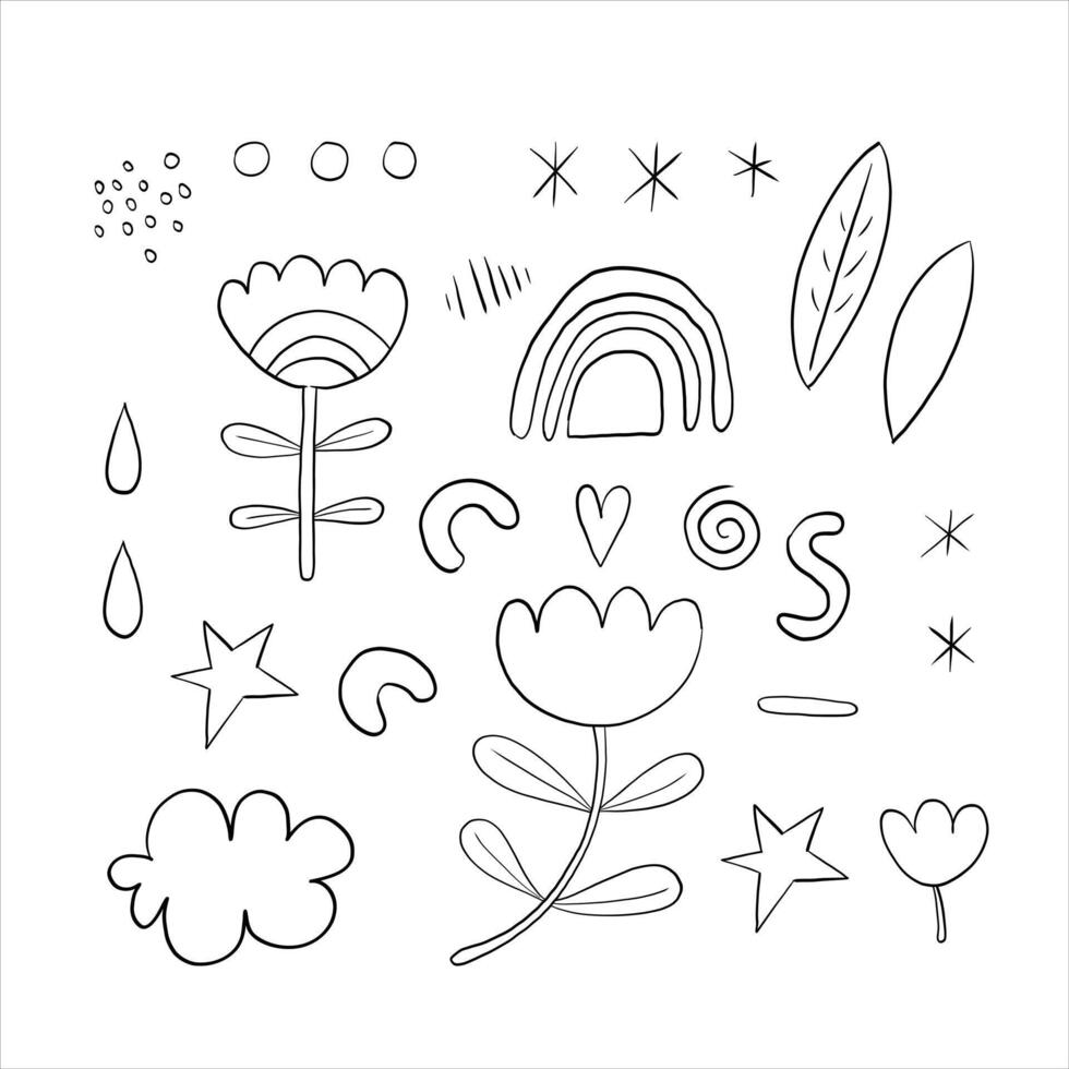 Set of abstract elements for design, linear drawings. Flowers, rainbow, stars, dots vector
