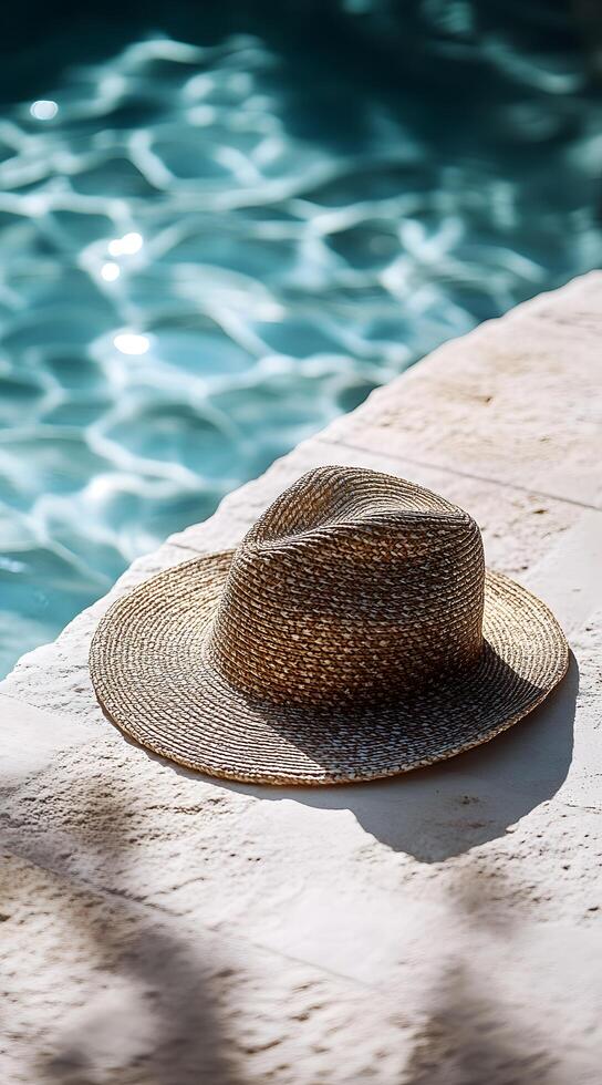 A hat sits on the edge of a pool photo
