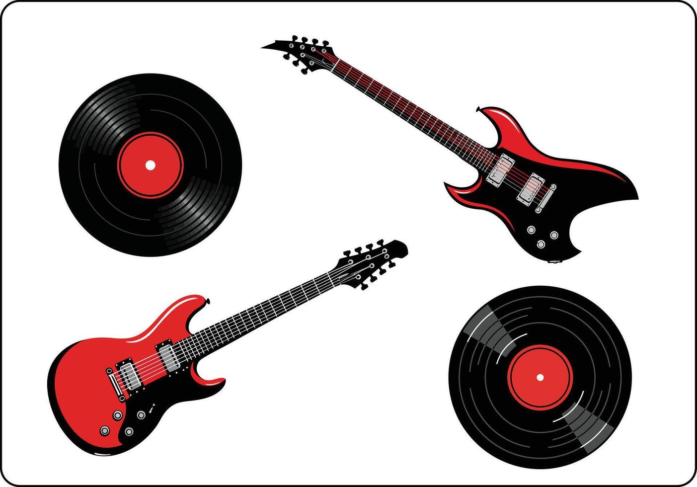 Three guitars and a records flat design illustration on isolated background vector