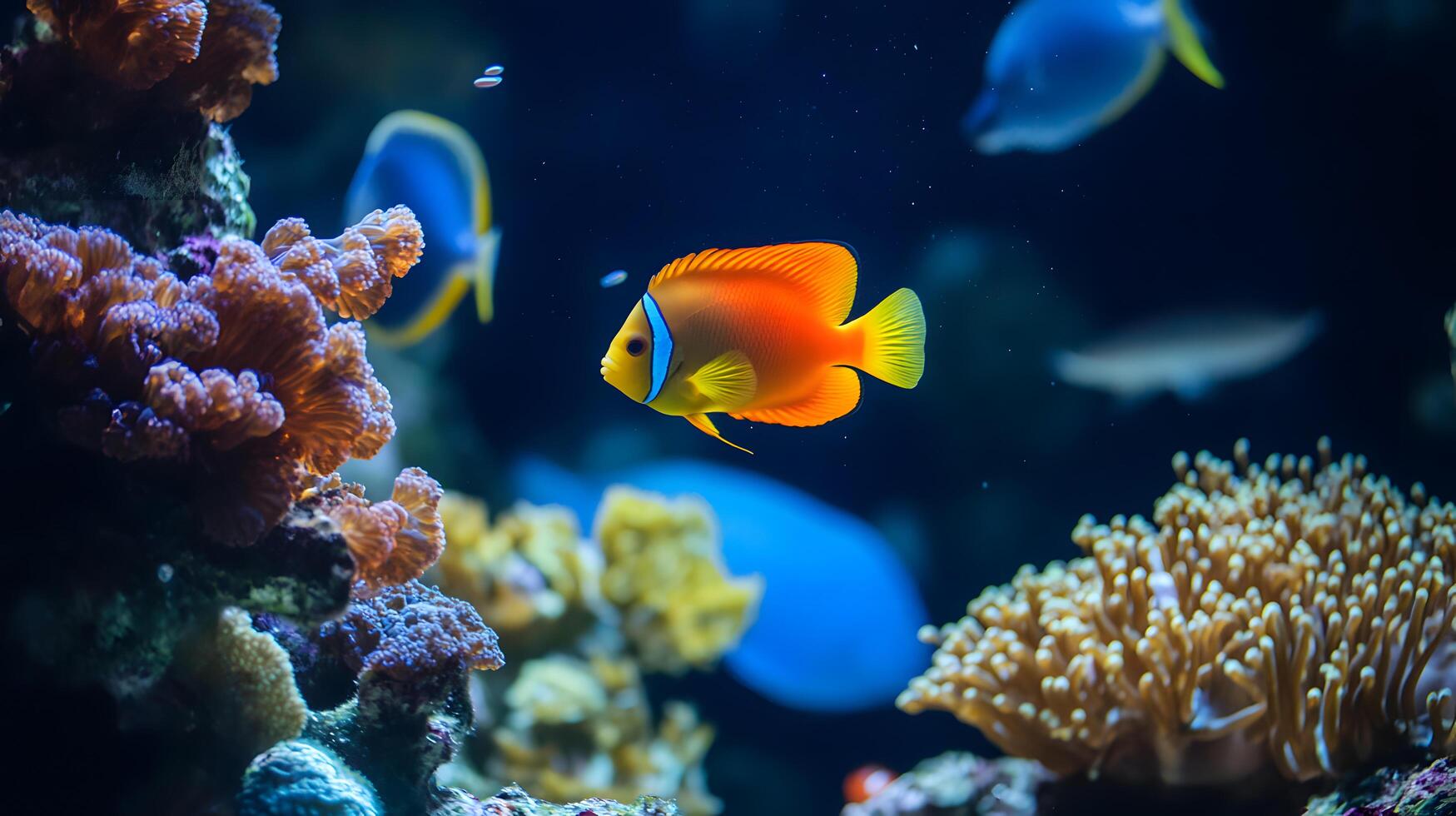 An orange and yellow fish swims in an aquarium photo