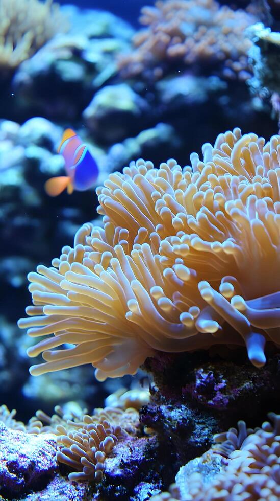 A clown fish swimming in an aquarium with an anemone photo