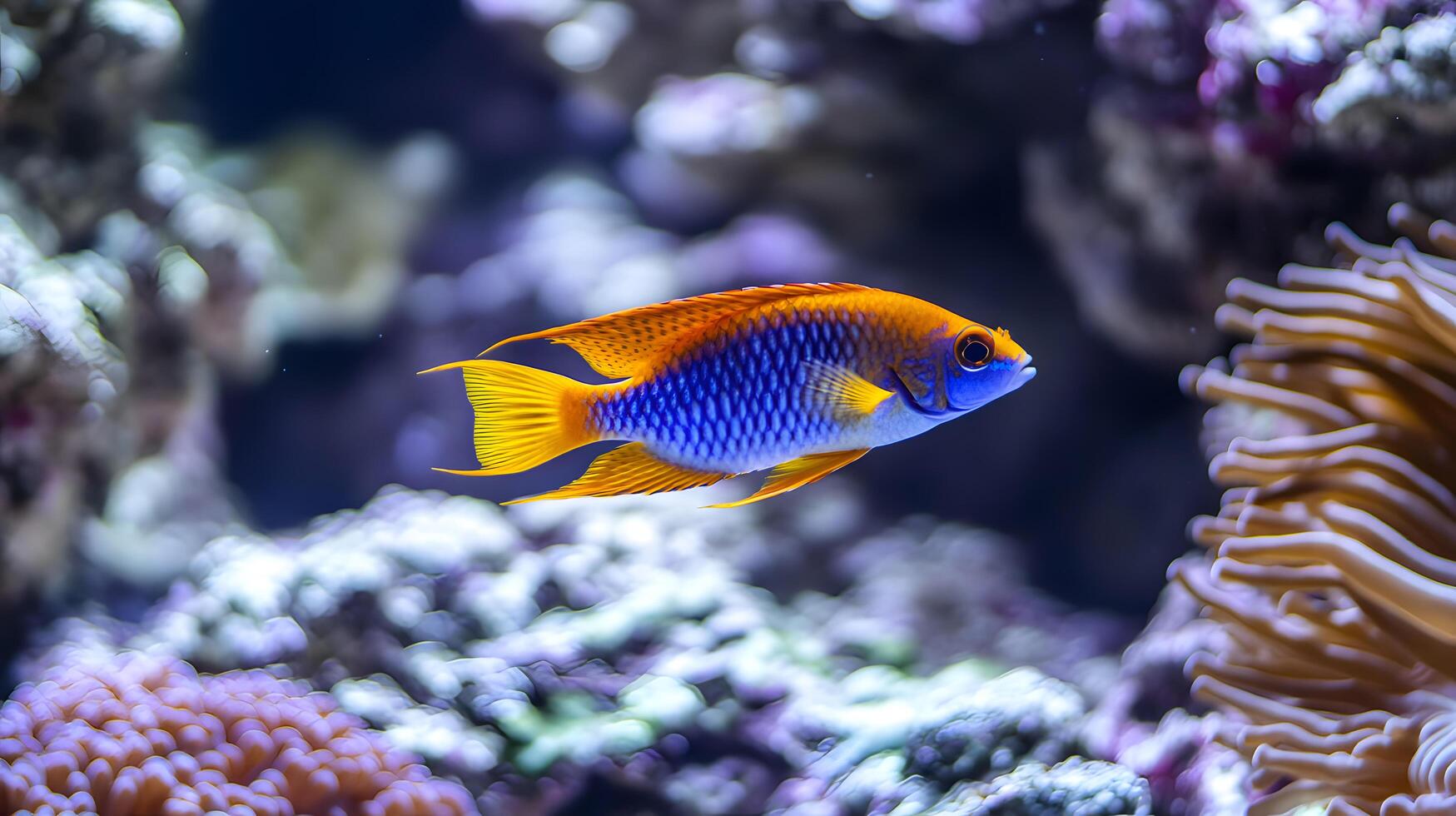A blue and orange fish swimming in an aquarium photo