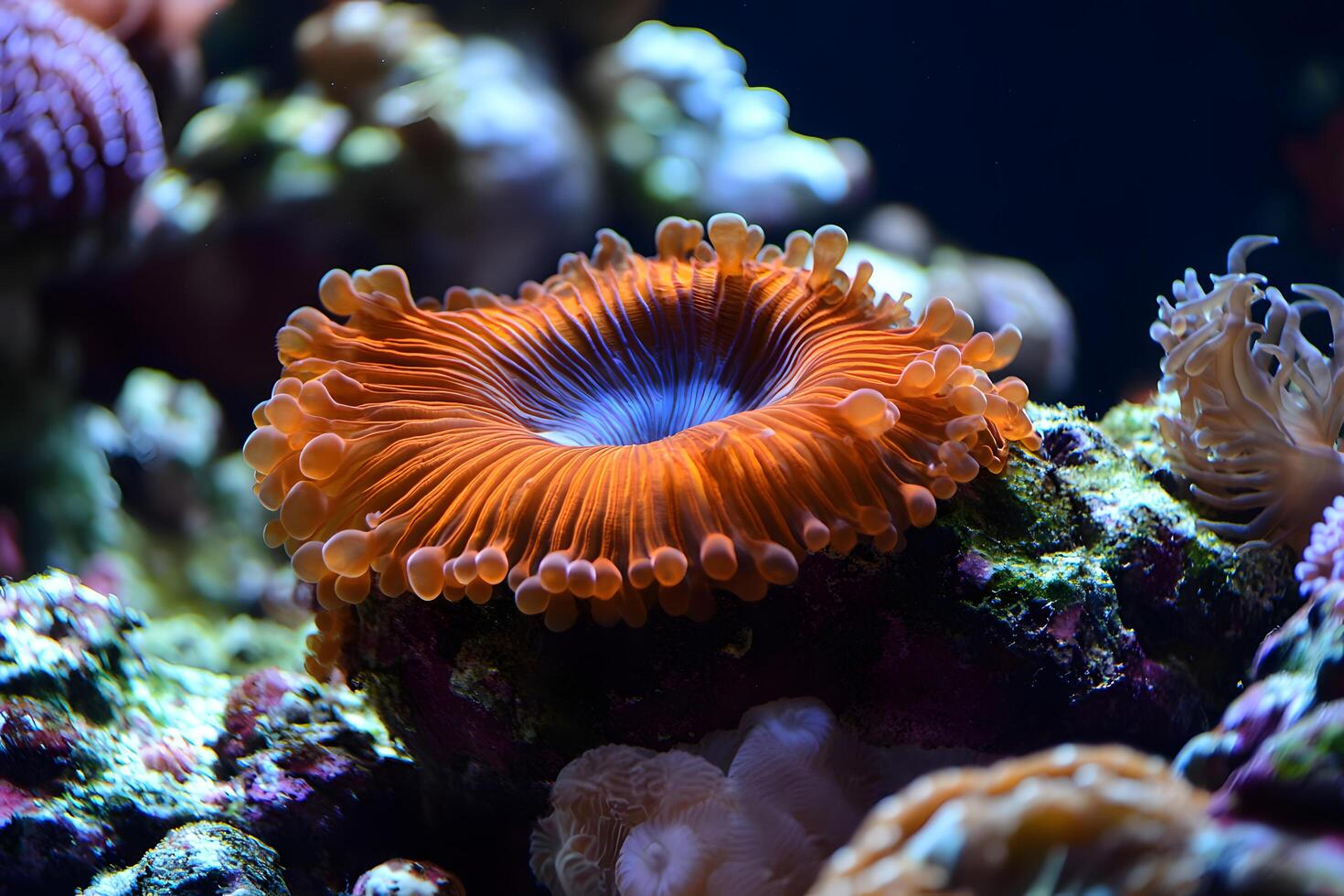 An orange sea anemone on a rock photo