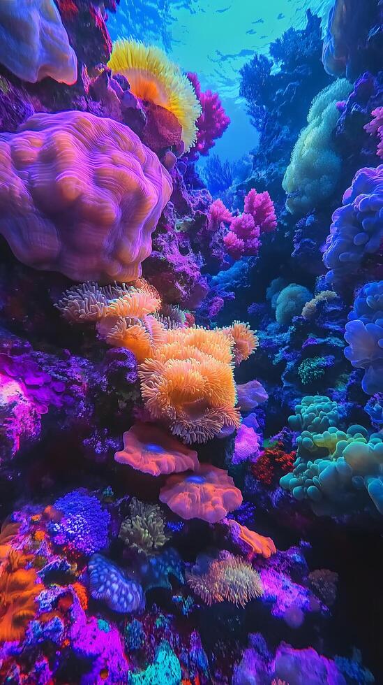 Colorful coral reef with bright lights photo
