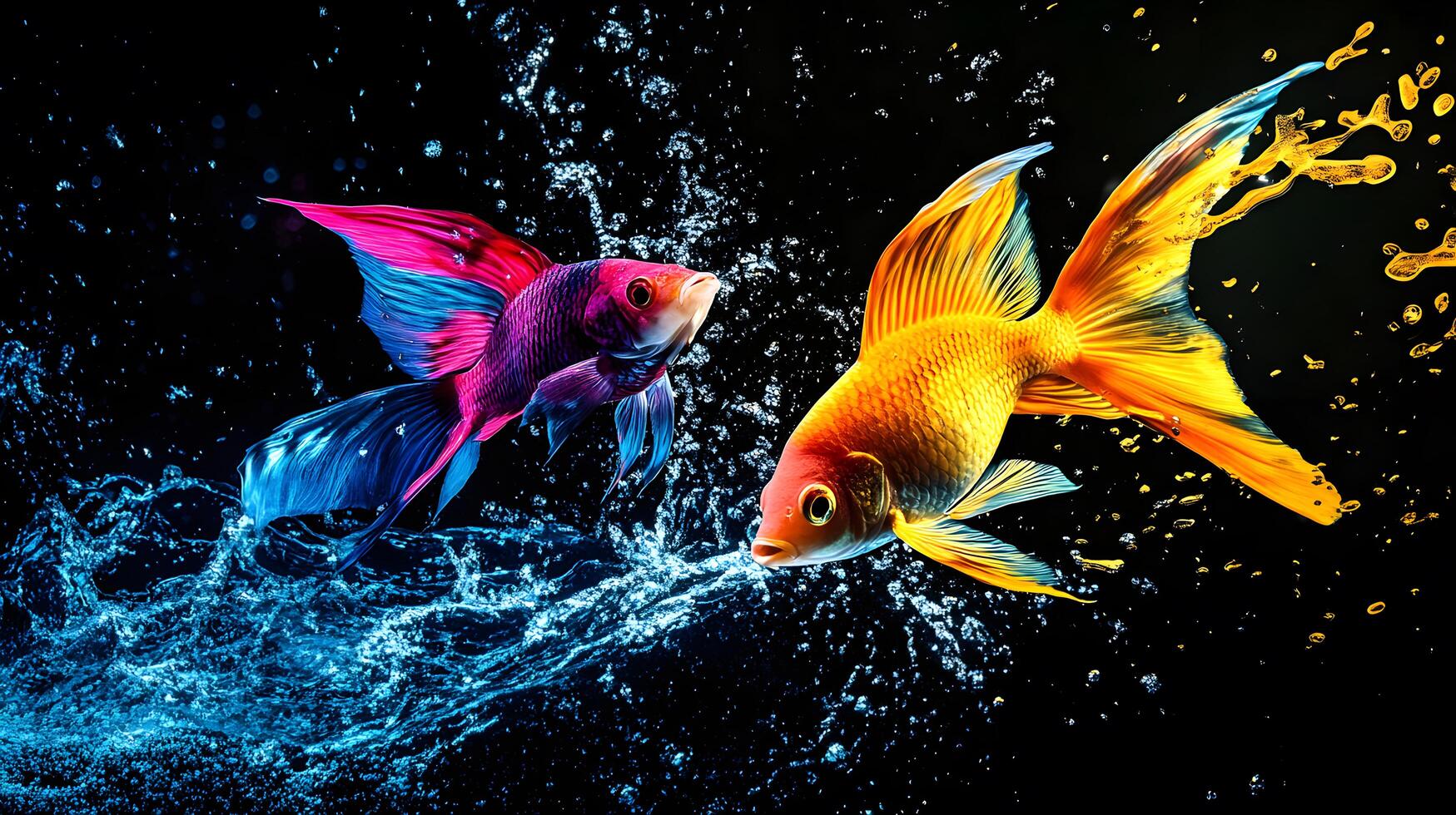 Two colorful fish are splashing water together photo