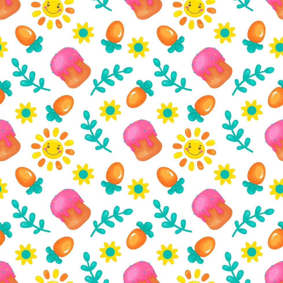 Seamless pattern with kulich, carrot, sun and flowers. In cartoon style, on a white background. Happy Easter vector
