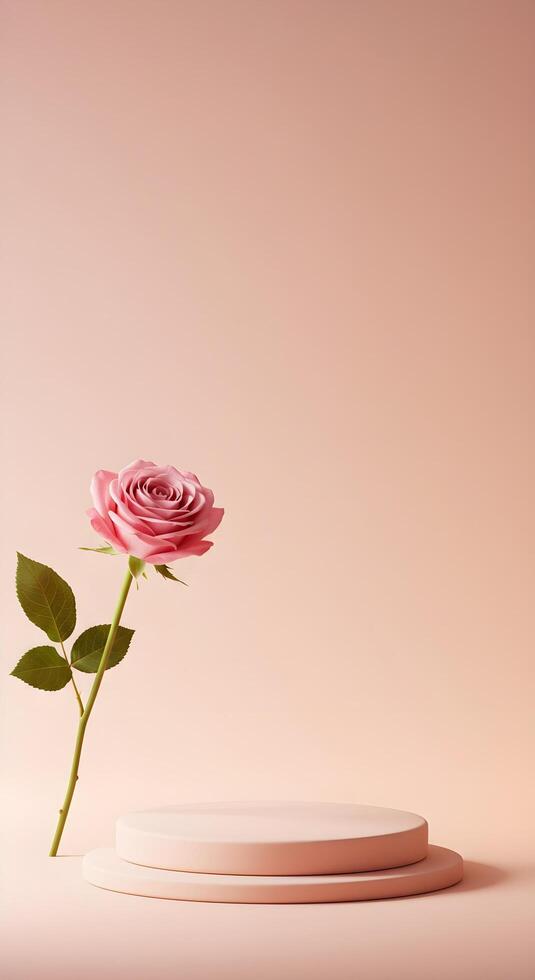 Natural beauty podium backdrop for product display featuring a single pink rose flower with a gradient background transitioning from light pink to soft white, creating a dreamy effect. photo