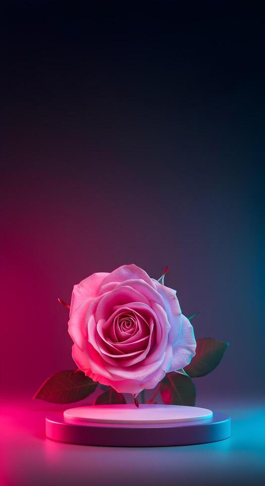 A pink rose on a pedestal with neon lights with podium photo