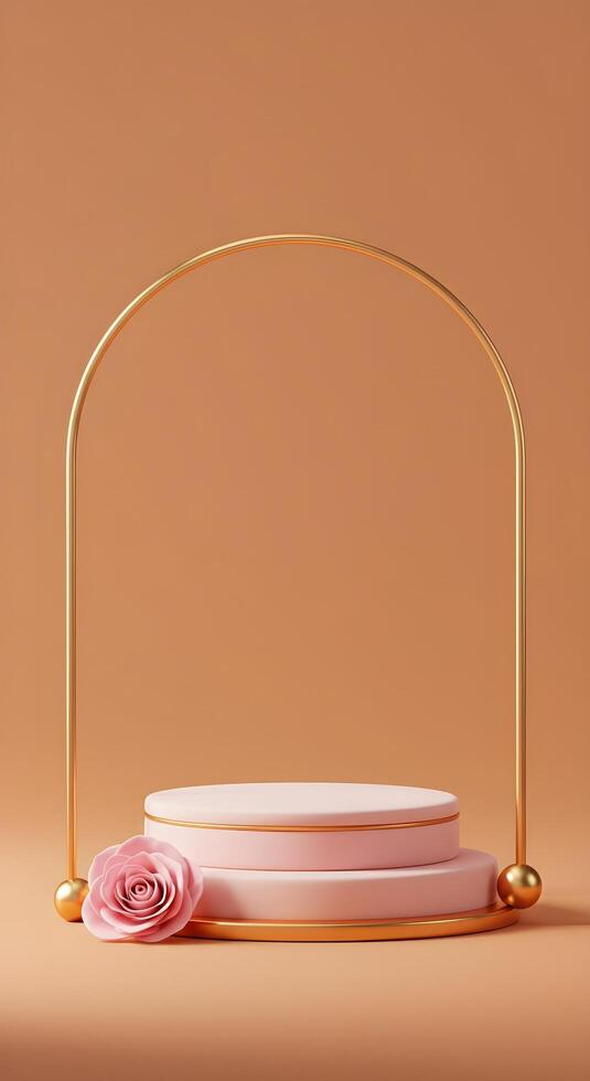 A pink rose on a gold frame with a gold handle with podium photo