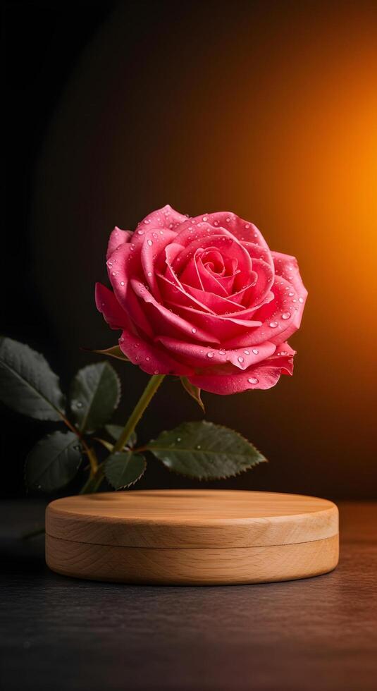 Natural beauty podium backdrop for product display showcasing a vibrant pink rose flower, with dew drops glistening on its petals, placed on a wooden podium, illuminated by soft, warm lighting. photo
