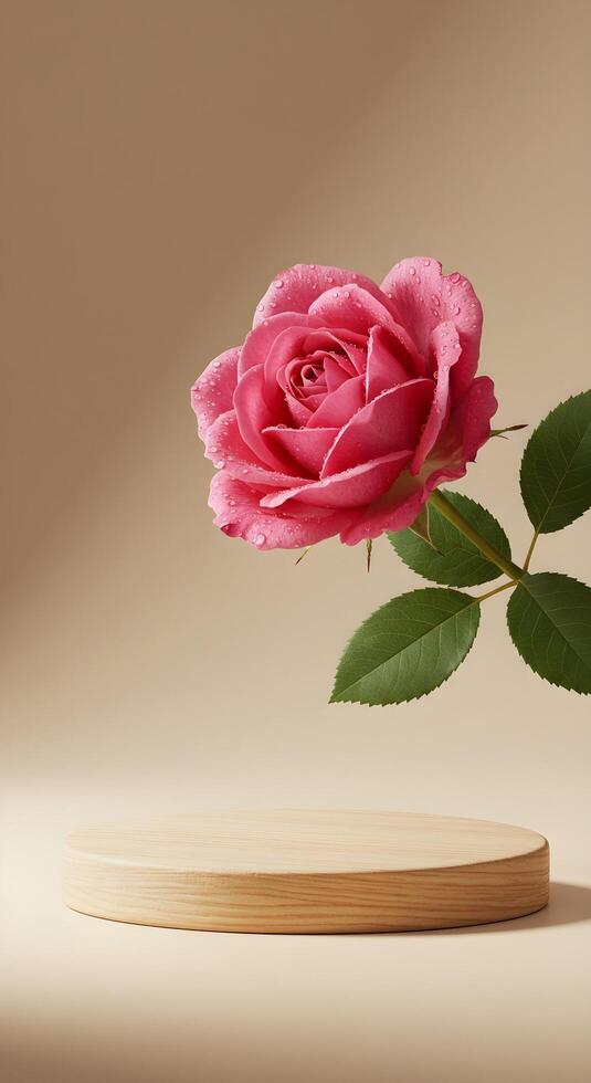 Natural beauty podium backdrop for product display with a delicate pink rose flower, surrounded by smaller white flowers, against a blurred garden background, evoking a fresh and natural vibe. photo