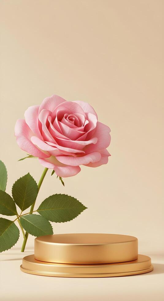 A Podium with pink rose on a gold pedestal with green leaves photo