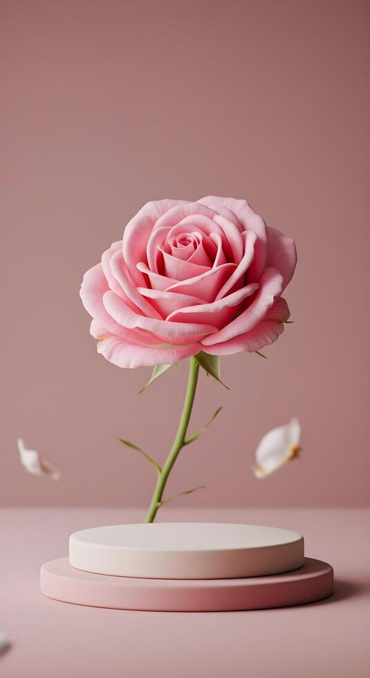 Natural beauty podium backdrop for product display featuring a pink rose flower, with a soft-focus effect on the background, highlighting the flower's intricate details. photo