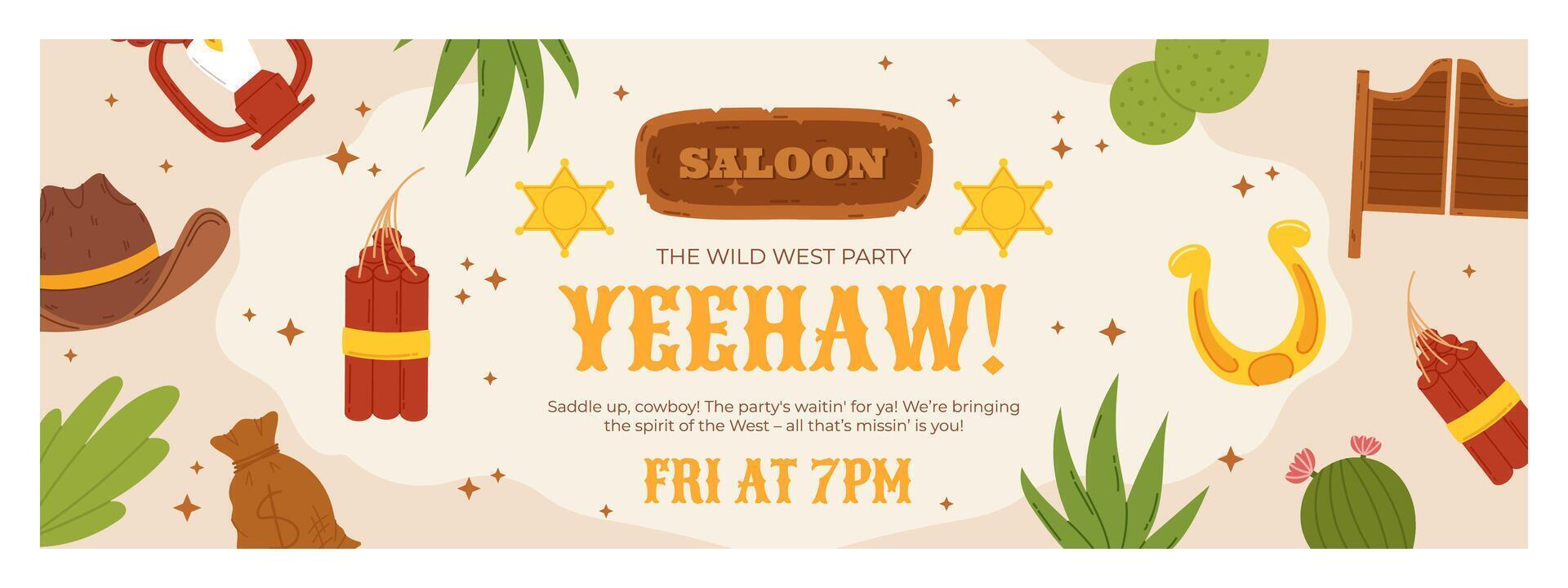 A colorful Wild West party invitation featuring cowboy-themed illustrations including a hat, lantern, dynamite, horseshoe, saloon sign, sheriff badges, cacti, and decorative text on a beige background vector