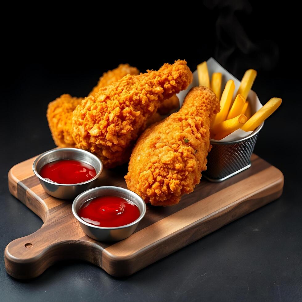Crispy Fried Chicken with Golden Fries and Dipping Sauce photo