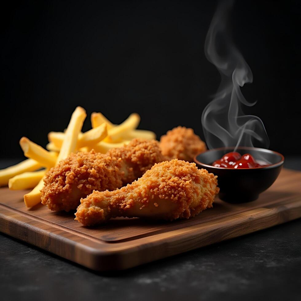 Crispy Fried Chicken Drumsticks with French Fries and Ketchup photo