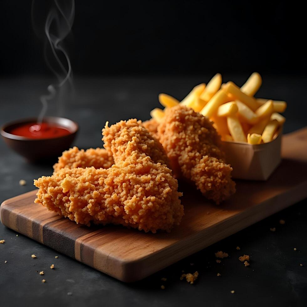 Crispy Fried Chicken with French Fries and Ketchup on a Wooden Board photo