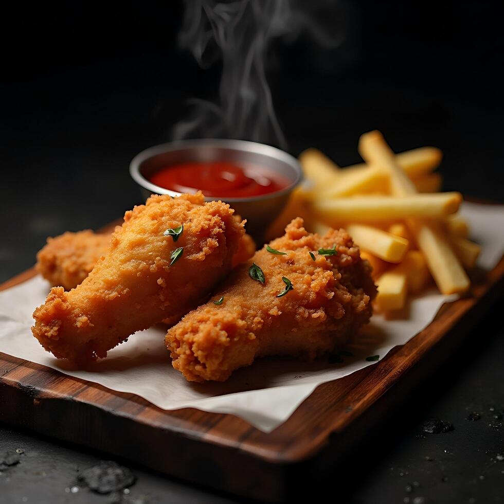 Crispy Fried Chicken with French Fries and Ketchup photo