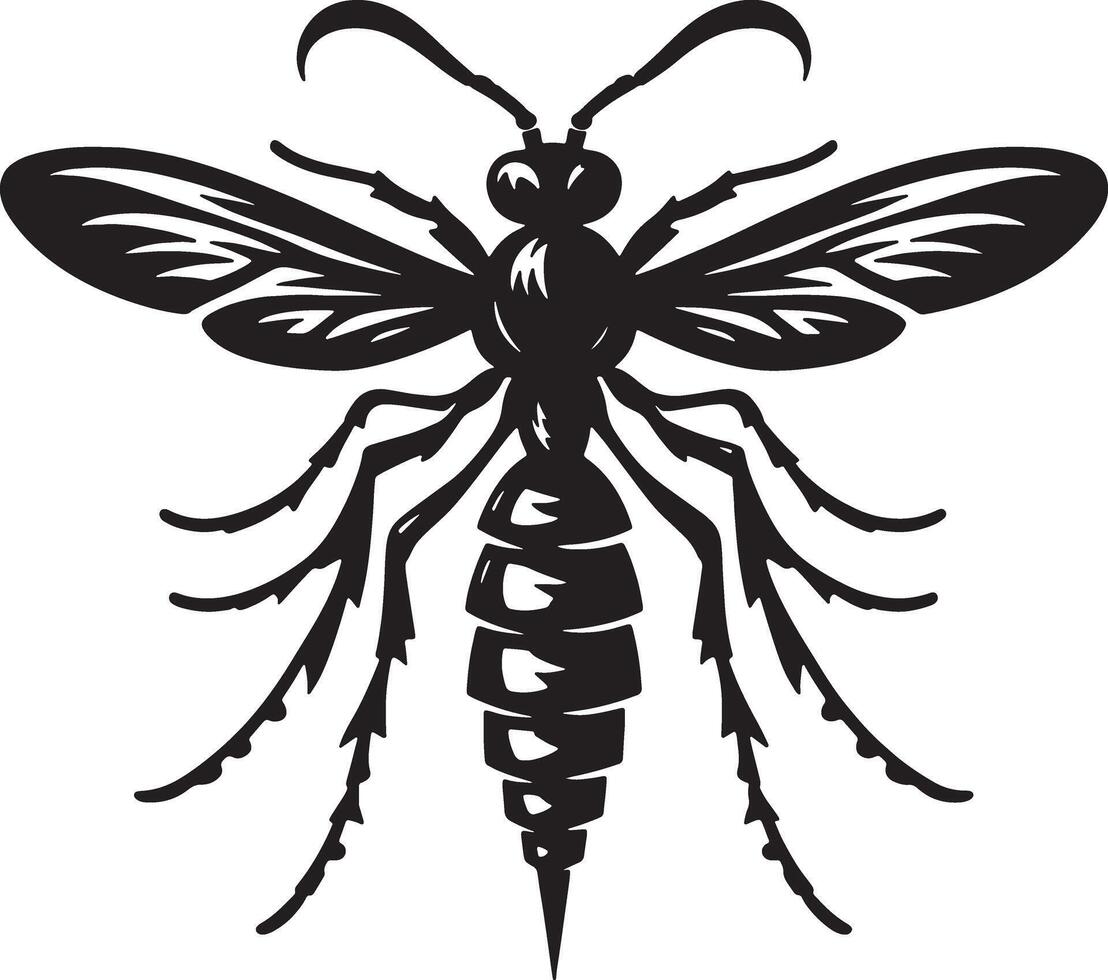 A black and white illustration of a wasp vector