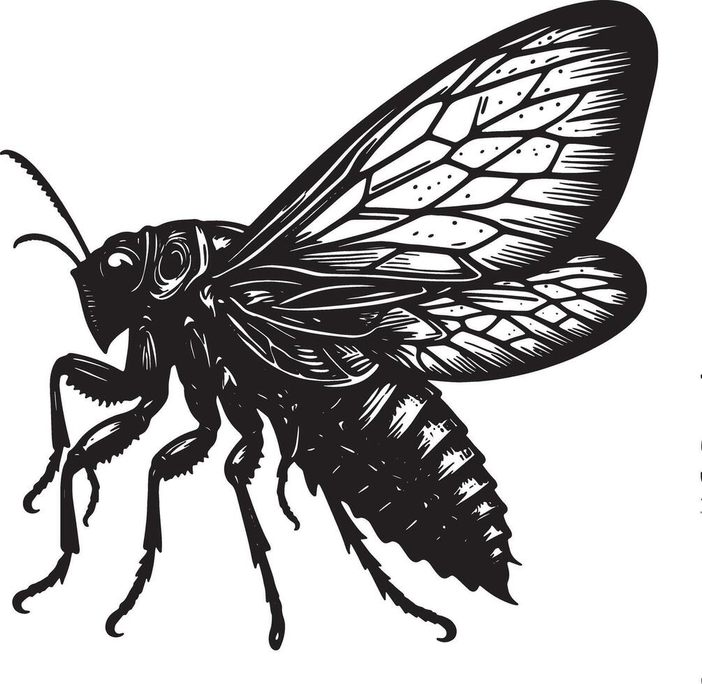 A black and white drawing of a large insect vector