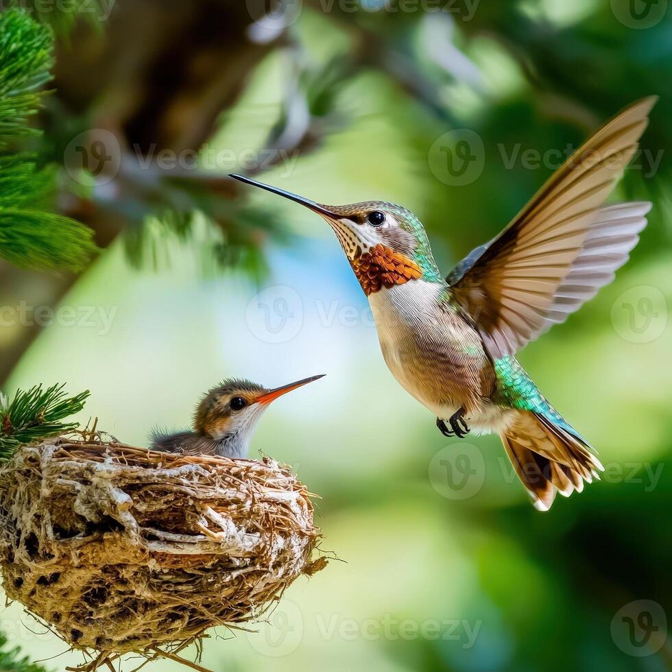 A hummingbird and its young are flying over a nest photo