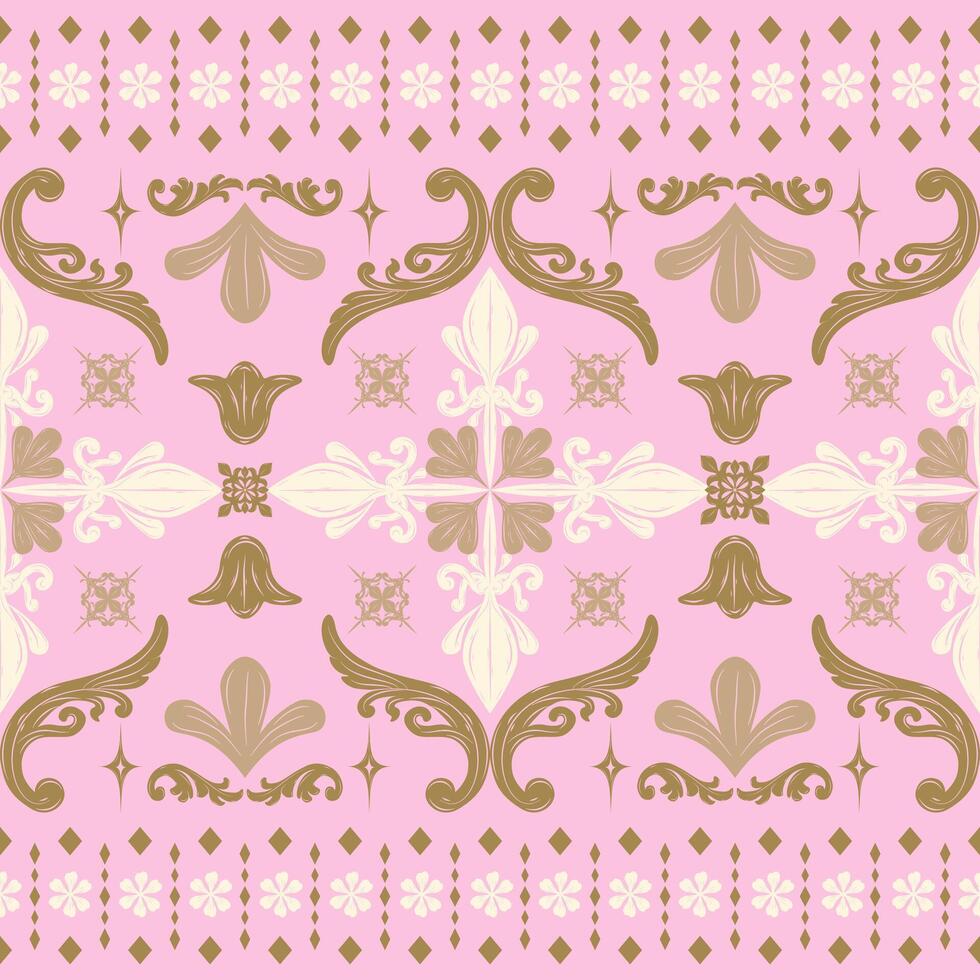 Elaborate White Buds and Golden Florals Pattern on Brush Pink Background. Glamorous Petals Blooming scroll curve twinkle for elegant work design. Delicate Border with ornament decoration Royal Sweet vector