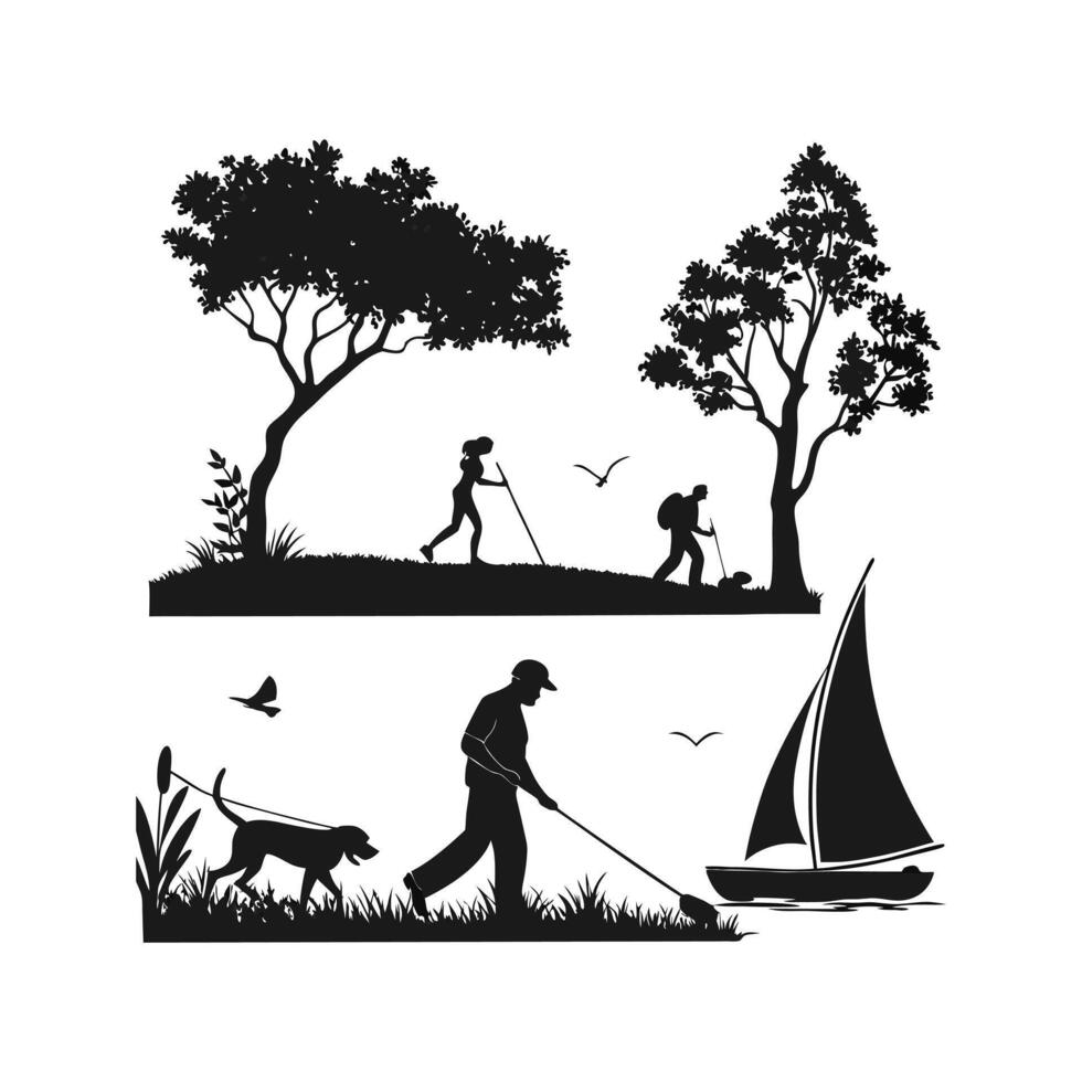 A couple walking on the beach at sunset with silhouettes of people and nature vector