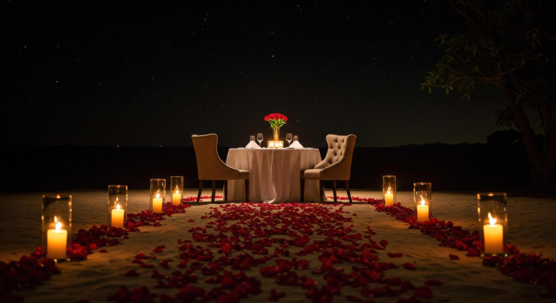 A romantic scene with a rose petal trail leading to a candlelit dinner table. photo