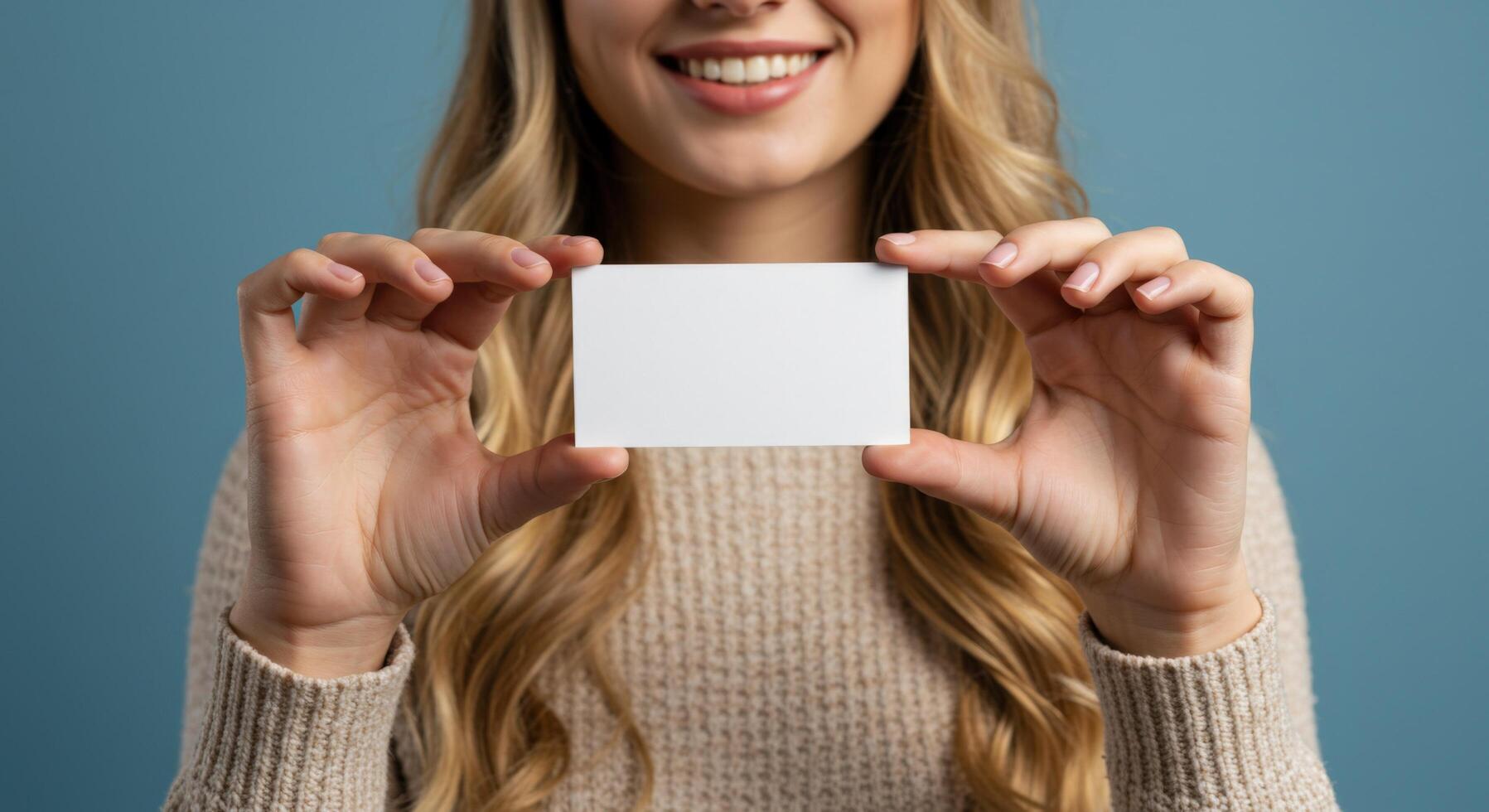 A person holding a blank business card mockup, with soft lighting and a neutral background. photo