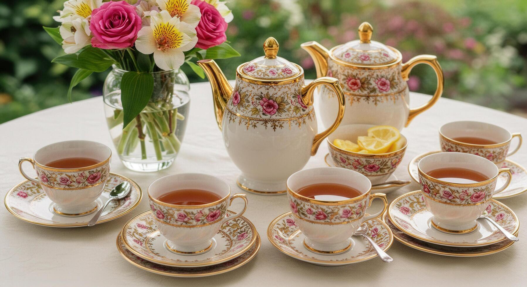A beautifully arranged tea set with fine china cups and a pot, accompanied by fresh flowers on a table. photo