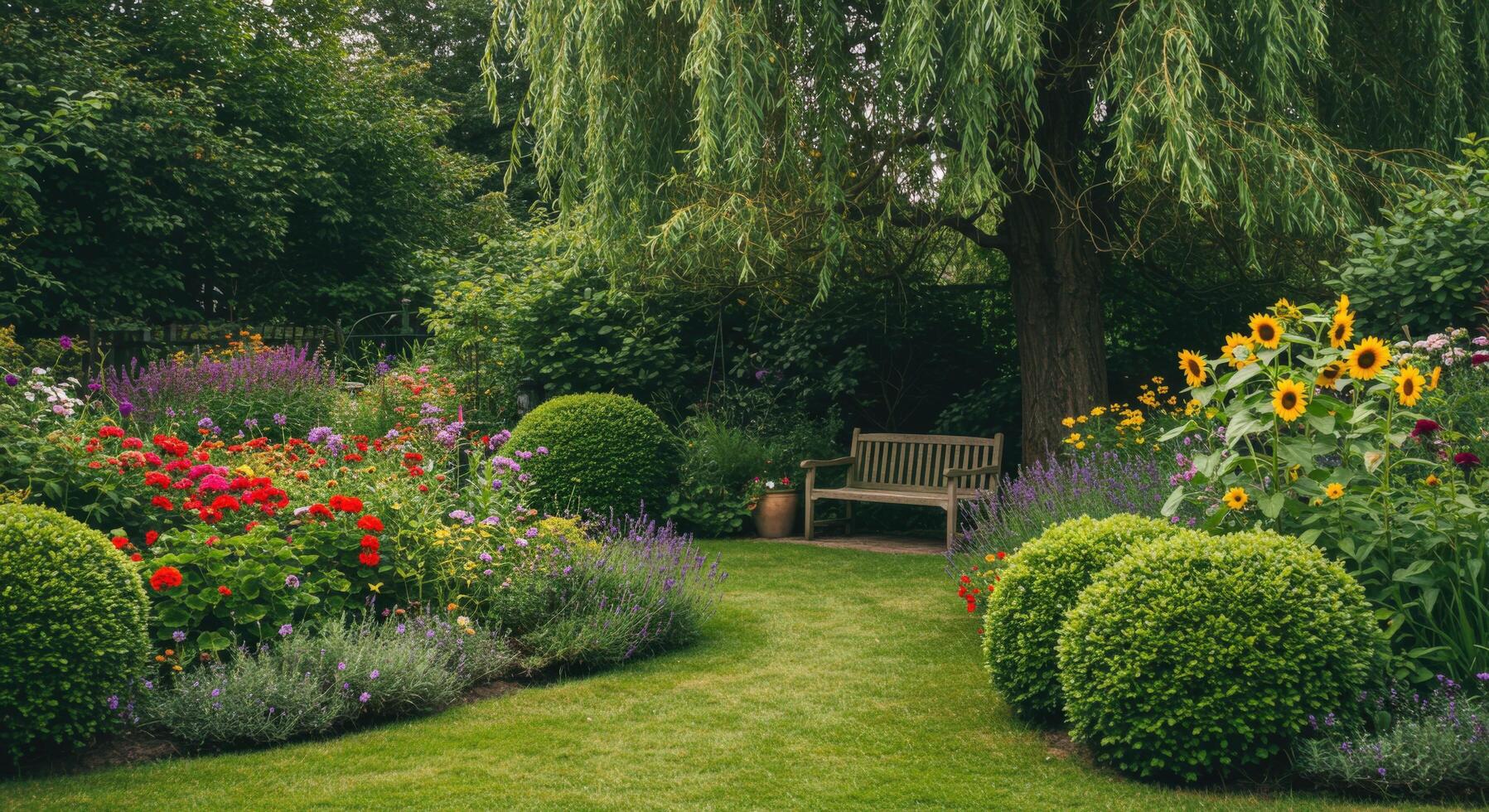 A well maintained garden with colorful flowerbeds, neatly trimmed bushes, and a tranquil sitting area under a shady tree. photo