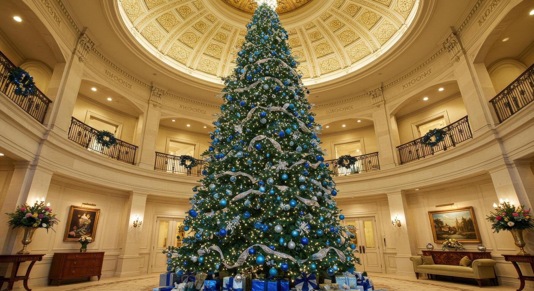 A towering Christmas tree adorned with sparkling blue and silver ornaments in a luxurious mansion. photo