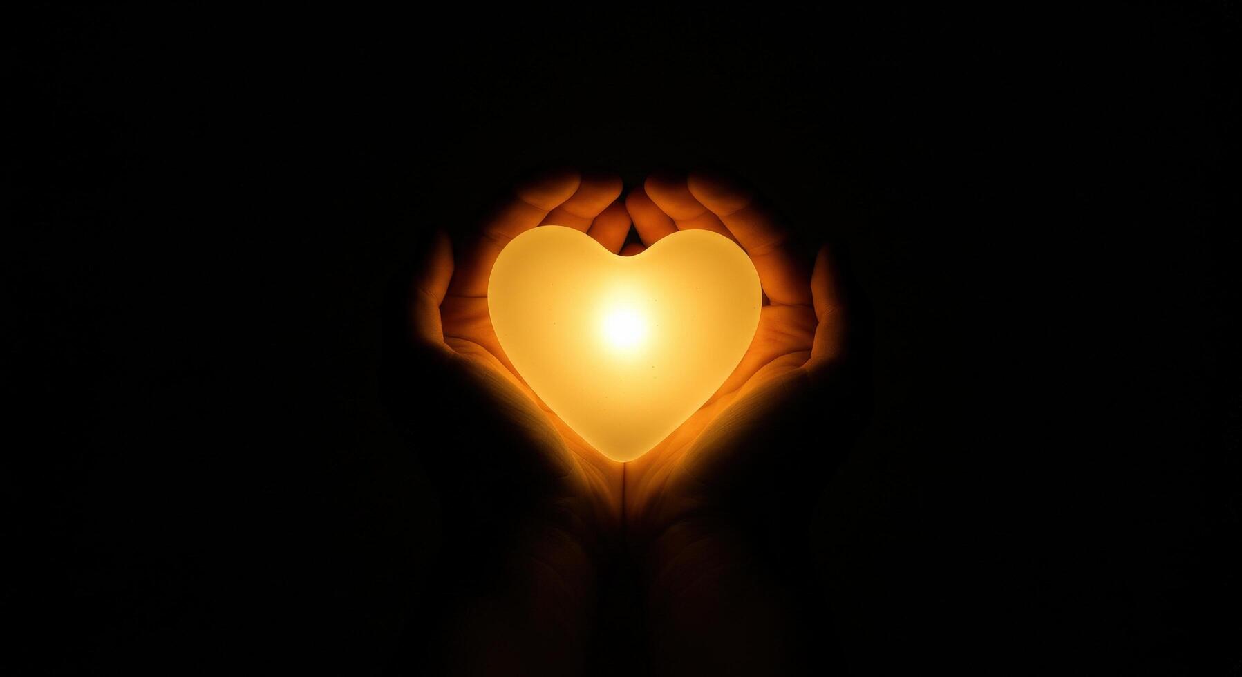 A pair of hands gently holding a glowing heart shaped light in a dark environment, symbolizing warmth and love radiating from within. photo