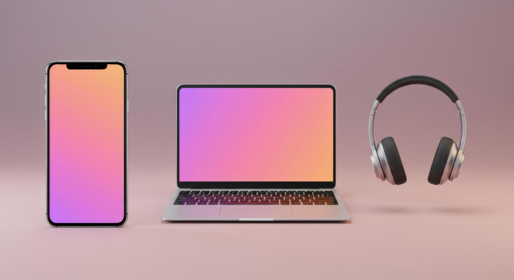 A collection of technology icons, including a smartphone, laptop, and wireless headphones. photo