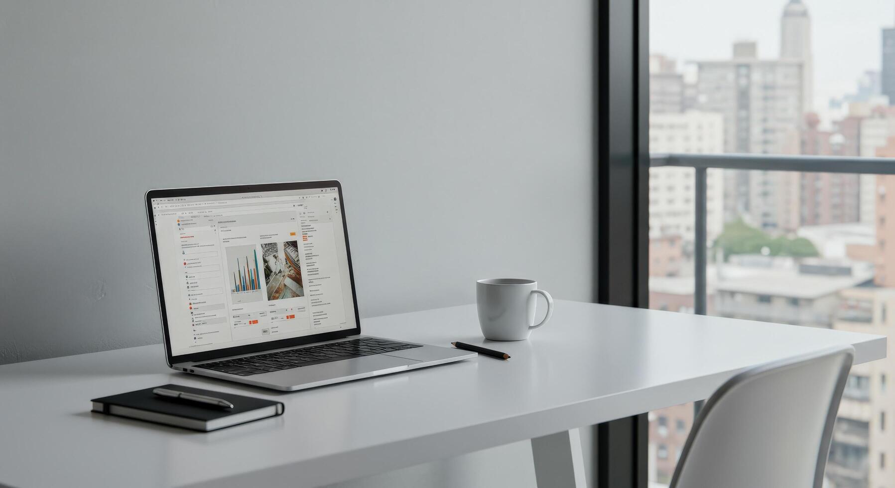 A modern office workspace with a laptop, notebook, and coffee cup on a clean desk. photo