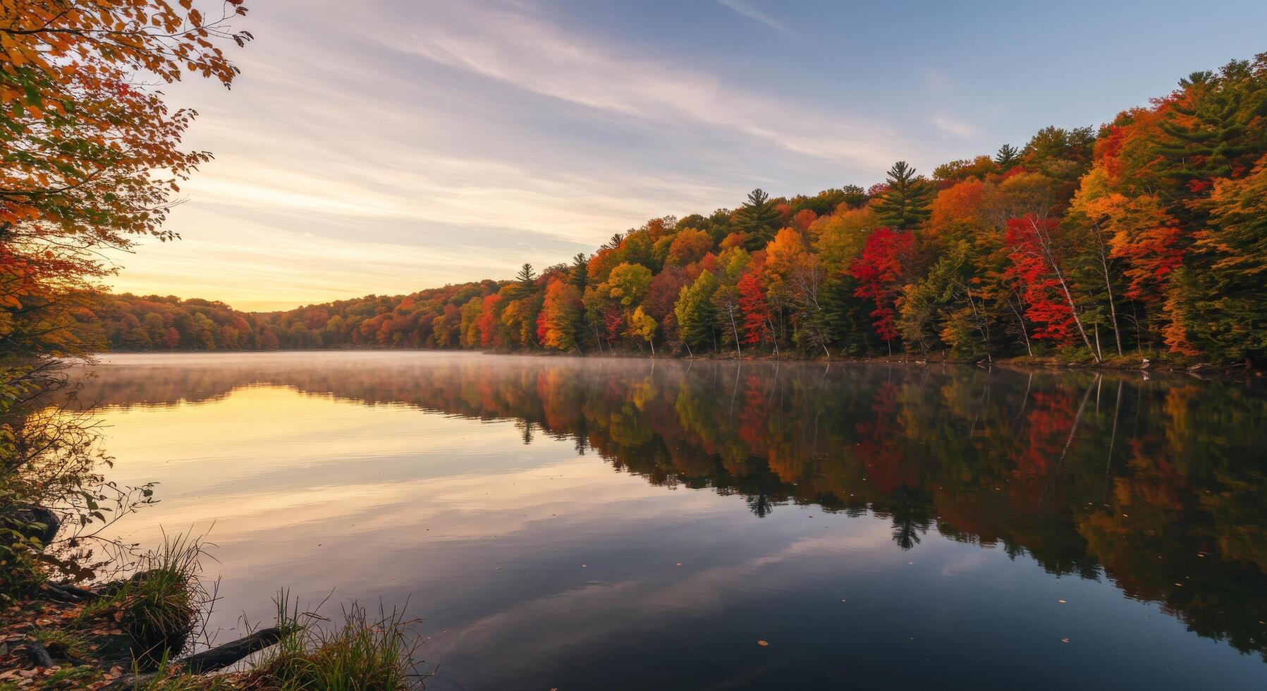 A picturesque lake with autumn trees reflecting in the water during sunset. photo