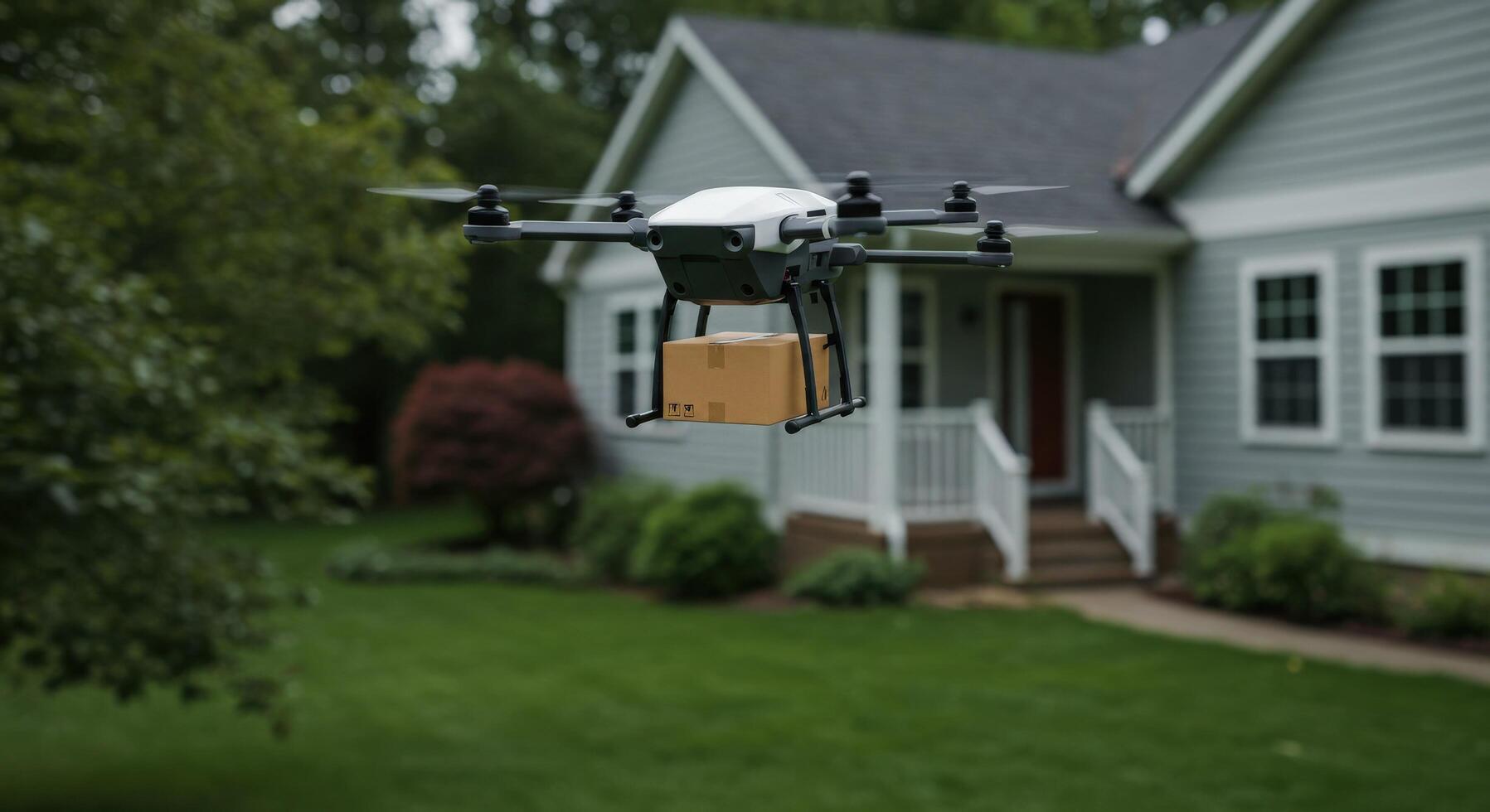 A drone delivering a package to a suburban home, flying over a lush green yard. photo