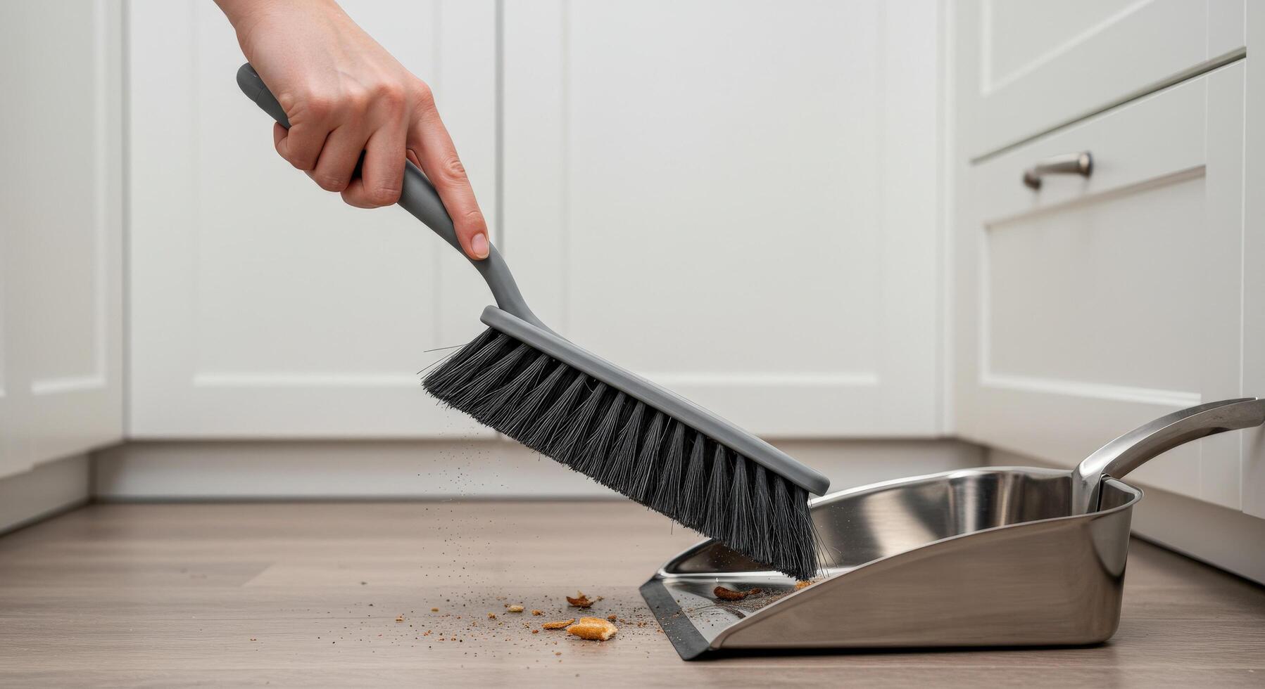 A close up shot of a hand using a broom to sweep dust into a dustpan in a clean kitchen. photo