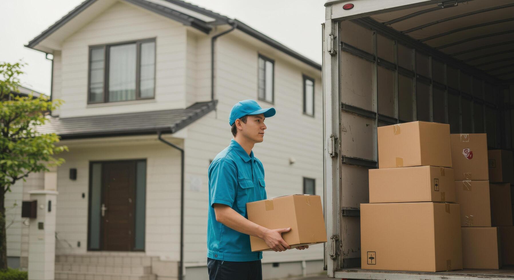 A delivery driver unloading boxes from a truck at a customer s doorstep. photo