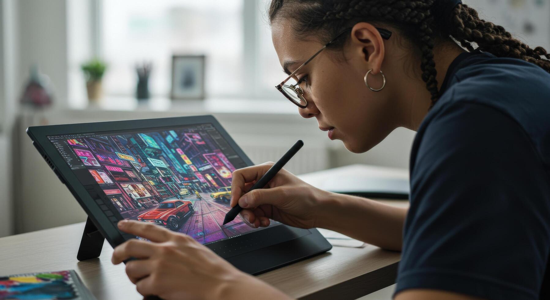 A digital artist working on a tablet, creating a colorful, detailed illustration on the screen. photo