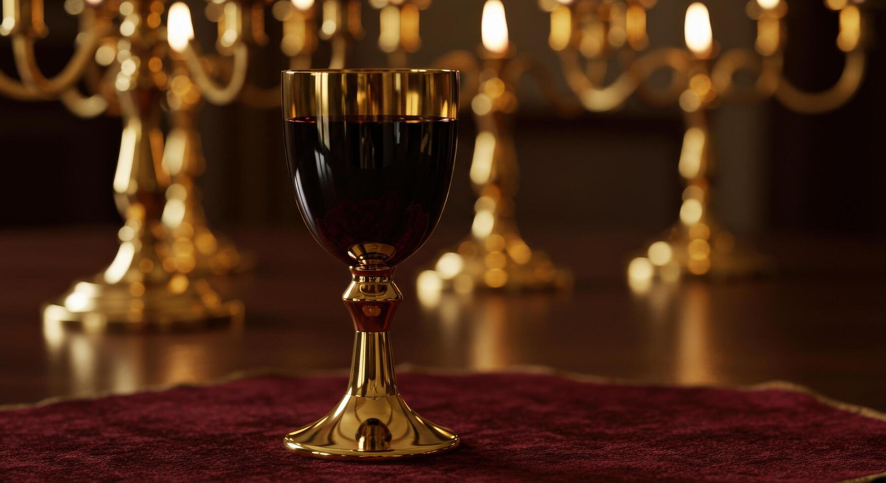 A golden chalice filled with fine red wine, sitting on an elegant table with velvet tablecloth and golden candelabras in the background. photo