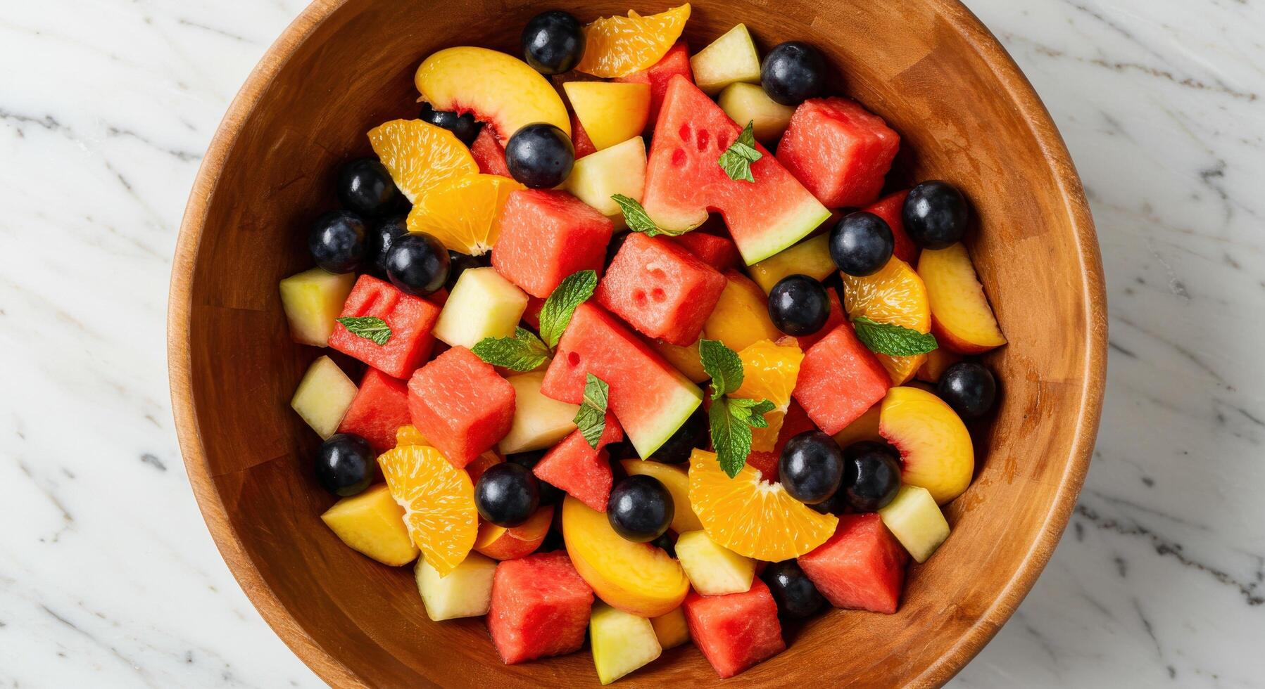 An overhead view of a colorful fruit salad served in a wooden bowl, featuring a mix of watermelon, grapes, peaches, and oranges, garnished with fresh mint leaves. photo