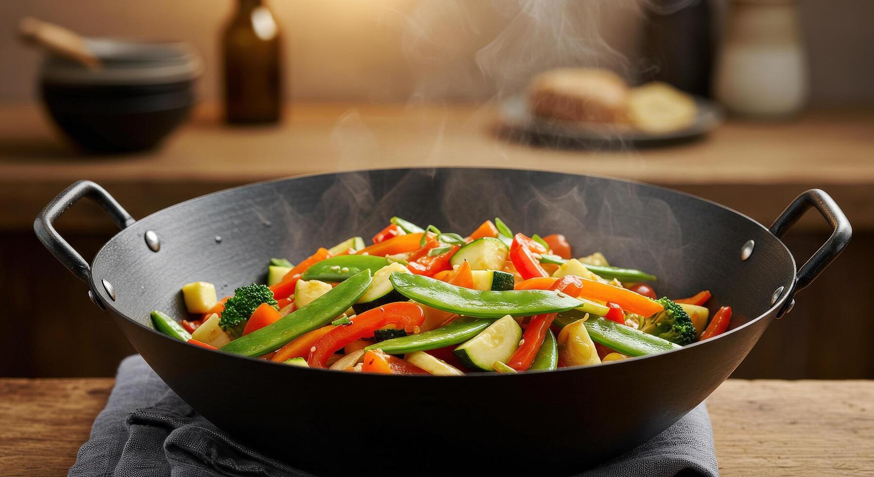 A vibrant vegetable stir fry with a variety of colorful vegetables like bell peppers, zucchini, and snow peas, served in a wok with a steaming aroma. photo