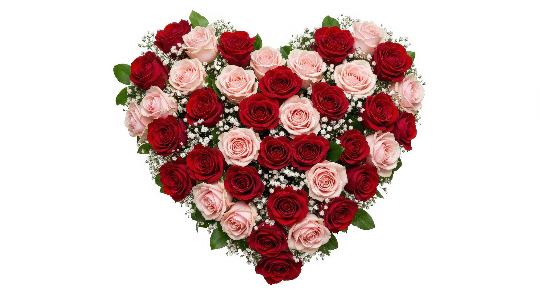 A beautiful heart shaped bouquet of red and pink roses, arranged artistically with delicate baby s breath and soft green foliage, symbolizing love and affection. photo