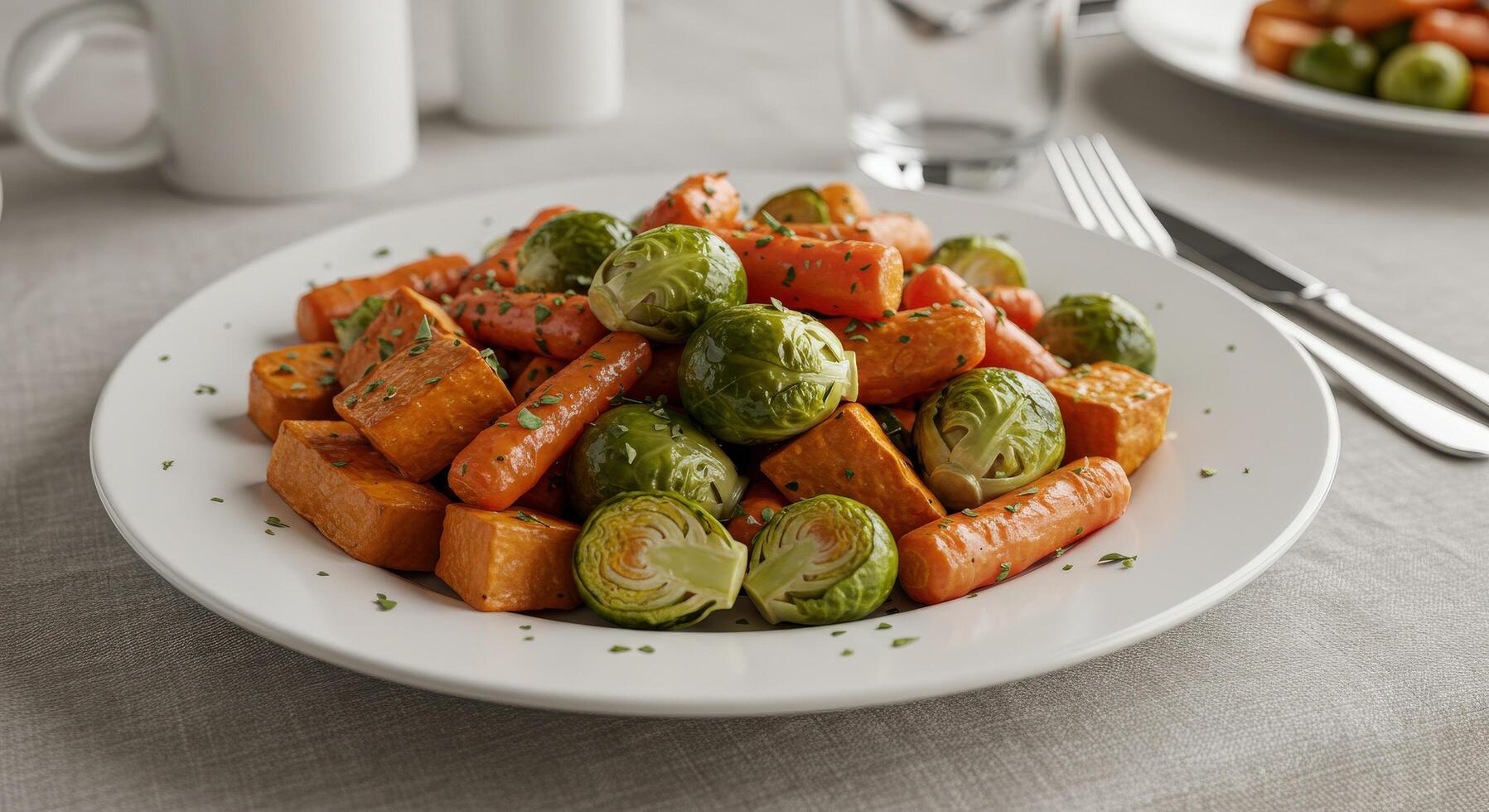 A plate of roasted vegetables including sweet potatoes, carrots, and Brussels sprouts, garnished with herbs and olive oil, set on a dining table for a healthy meal. photo