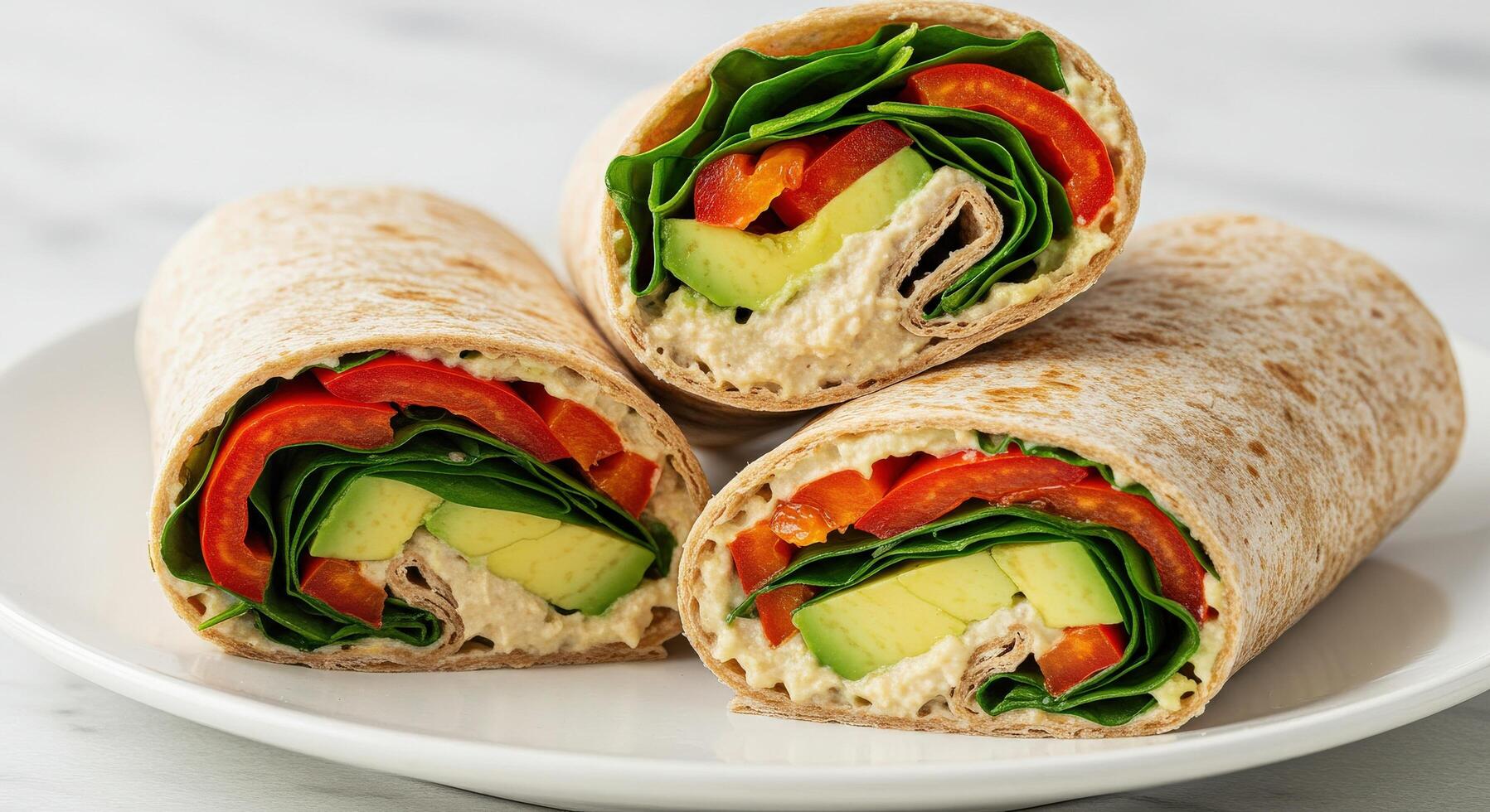 A healthy vegetable wrap filled with roasted peppers, avocado, spinach, and hummus, wrapped in a whole grain tortilla and cut into bite sized pieces. photo